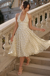 V Neck Halter Cinch Waist Floral Print Pleated Wedding Guest Midi Dresses-Yellow