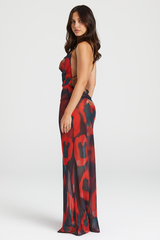 Abstract Print Cowl Neckline Backless Slip Maxi Dresses-Red Pre Order