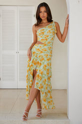 Floral One Shoulder Cutout Tiered Maxi Mullet Dresses-Green