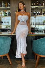 Crochet 3D Flower Decor Halter Cutout Vacation Maxi Dresses-Orange