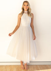 Tulle Halter Bow Backless Prom Maxi Dresses