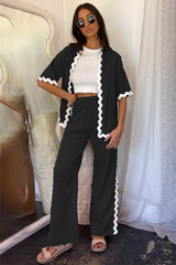 Colorblock Wavy Trim Half Sleeve Blouse Wide Leg Pants Matching Set-Beige