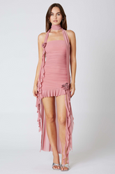 Strapless 3D Flower Decor High-Low Hem Ruffled Maxi Dresses-Pink