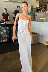 Knit Hollow Out Tied Up Backless Cover Ups Vacation Slip Maxi Dresses-White