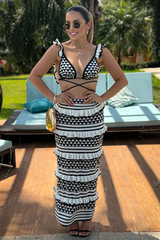 Knit Geometric Striped Pattern Crop Top Frilled Maxi Skirt Matching Set-Black