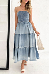 Boat Neck A-Line Side Slit Denim Distressed Midi Tube Dresses-Blue
