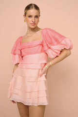 Square Neck Puffy Sleeve Ombre Tiered Backless Mini Dresses-Pink