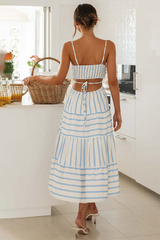 Spaghetti Strap Cutout Striped Vacation Midi Dresses-White