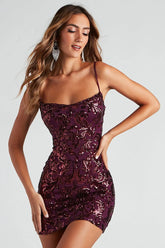 Sequin Lace Up Backless Slim Fit Cocktail Party Slip Mini Dresses-Burgundy