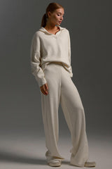 Knit Turndown Collar Sweater Plain Wide Leg Pants Matching Set-Beige