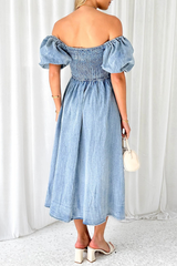 Off Shoulder Puff Sleeve A-Line Denim Elegant Midi Dresses-Blue