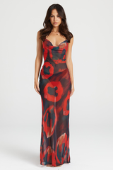 Abstract Print Cowl Neckline Backless Slip Maxi Dresses-Red Pre Order