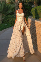 Floral Print Halter High Split Vacation Maxi Dresses-White