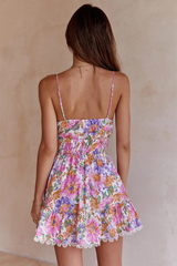 Floral Print Lace Trim Front Tie Up A-Line Slip Mini Dresses-Pink