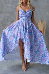 Floral Print V Neck Asymmetric Hem Vacation Maxi Dresses-Purple