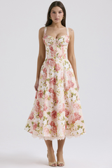 Floral Print Front Tie Up Corset A-Line Garden Party Slip Midi Dresses-Pink