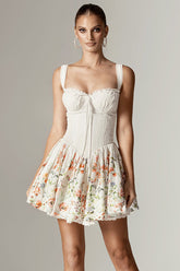 Floral Print Hem Curved Sleeveless Vacation Mini Dresses-White Pre Order