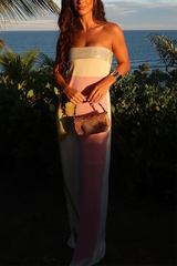 Boat Neck Strapless Floral Print Maxi Dresses-Pink