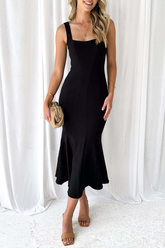 Square Neck Backless Fishtail Hem Sleeveless Plain Midi Dresses-Black