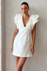 Deep V Neck Ruffle Short Sleeve Slim Satin Birthday Party White Mini Dresses