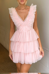 Ruffled Deep V Neck Tiered Hem Sleeveless Mini Dresses-Pink