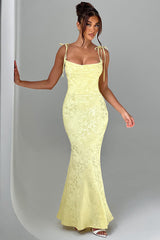 Lace Up Spaghetti Strap Slim Fit Jacquard Maxi Dresses-Yellow