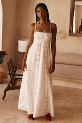 Crochet Patchwork A-Line Vacation Maxi Strappy Dresses-White