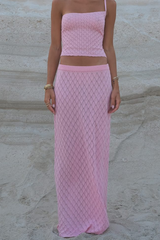 Knit Plaid Pattern One-Shoulder Strap Crop Top Vacation Maxi Skirt Matching Set-Pink