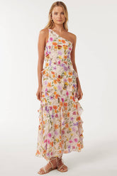 One Shoulder Multicolor Floral Print Flounced Maxi Dresses-Beige