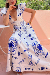V Neck Puff Sleeve Cinch Waist Boho Print Vacation Maxi Dresses-Beige