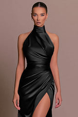 Satin High Neck Sleeveless Slim Fit High Slit Side Gowns Formal Party Maxi Dresses-Black