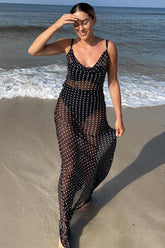 Polka Dot Print See Through Mesh Tied Up Maxi Slip Dresses-Black