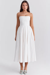 Elegant Strapless Corset Back Zipper Pleated Midi Dresses-White