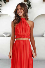 Tied Up Halter Neck Backless Crop Top Slit Maxi Skirt Pleated Slim Matching Sets