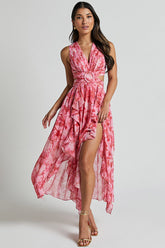 V Neck Ruched Cutout Ruffled Floral Print Slit Midi Dresses-Pink