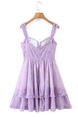 Floral Print Button Ruffle Vacation Sleeveless A-Line Mini Dresses-Purple