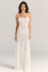 Knit Flower Cutout Tie Up Backless Slim Fit Slip Maxi Dresses-White Pre Order