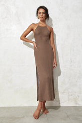 Ribbed Knit Open Back High Slit Maxi Dresses