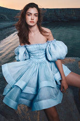 Off Shoulder Puff Sleeve Ruched A-Line Tulle Mini Dresses-Blue