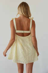 Bow Straps Open Back Plaid Pattern Textured Mini Dresses-Yellow