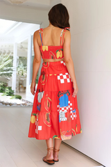 Mixed Prints V Neck Crop Cami A-Line Midi Skirt Matching Set-Red