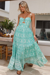 Boho Print Cut Out Spaghetti Strap A-Line Vacation Maxi Dresses-Green
