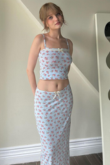 Ditsy Floral Print Crop Cami Low-Rise Slim Fit Maxi Skirt Matching Set-Blue