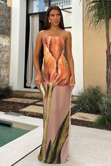 Strapless Floral Print Slim Fit Maxi Dresses-RosyBrown