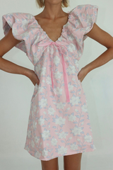 Floral Print V Neck Puffy Sleeve Tie-Up Ribbon A-Line Mini Dresses-Pink