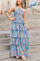 Halter Floral Print Backless Ruffle Layered Maxi Dresses-Blue Pre Order