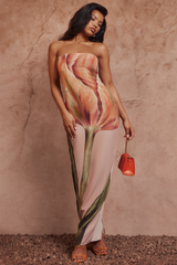 Strapless Floral Print Slim Fit Maxi Dresses-RosyBrown