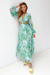 Deep V Neck Cutout Floral Print Ring Decor Long Puffy Sleeve Backless Vacation Maxi Dresses