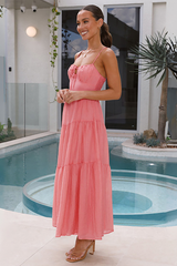 Front Tie Up Spaghetti Strap A-Line Flowy Shirred Maxi Dresses-Pink