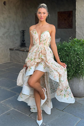 Floral Print Strapless A-Line High-Low Hem Maxi Dresses-Beige Pre Order